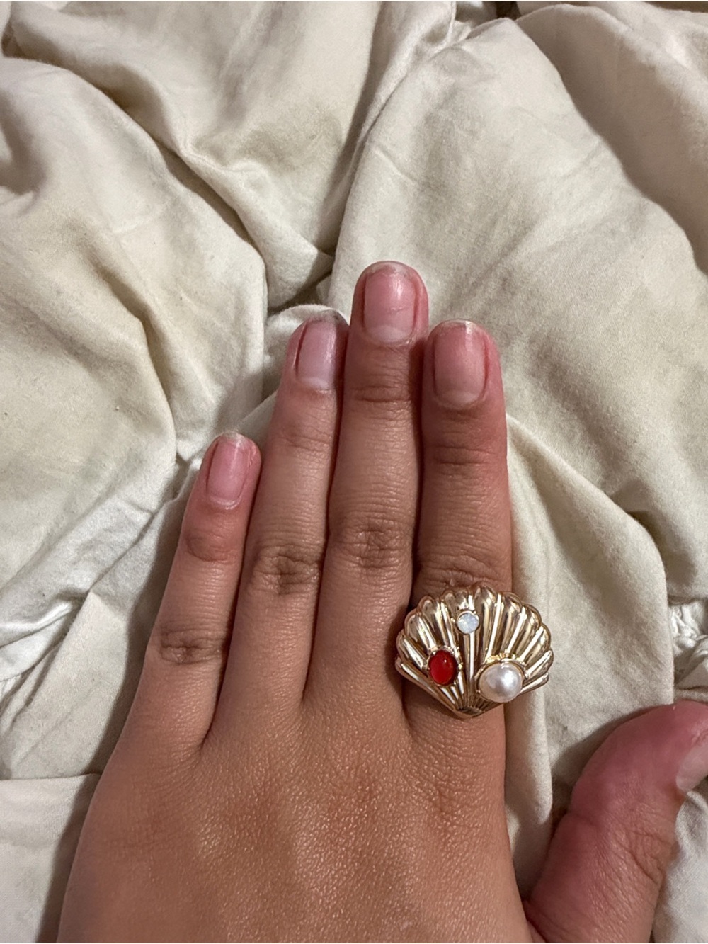 Free People Gold Tone Seashell Pearl Red Stone Statement Ring Coastal Chic